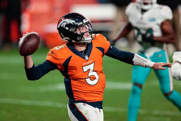 Denver Broncos quarterback Drew Lock (3) looks to pass in the fourth quarter against the Miami Dolphins at Empower Field at Mile High.